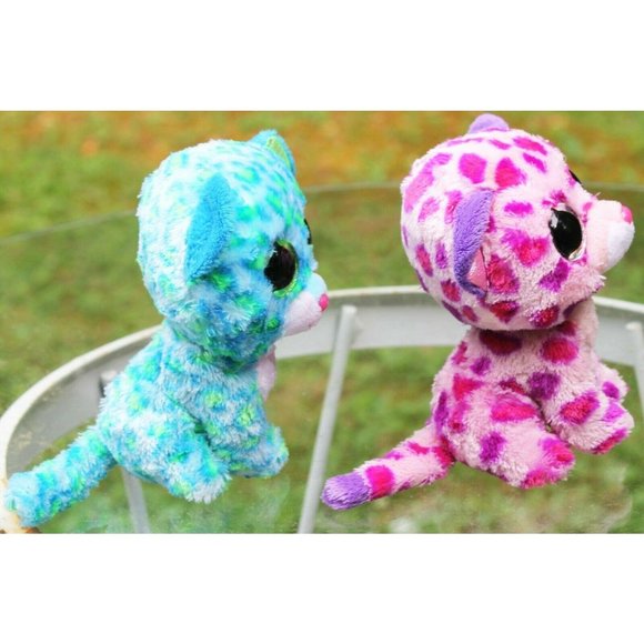 2 TY Beanie Boos Blue Pink Cat Leopard Leona Glamo - Picture 5 of 12